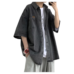 古着vintage牛仔衬衫男日系ins潮牌宽松短袖衬衣夏季潮流痞帅外套