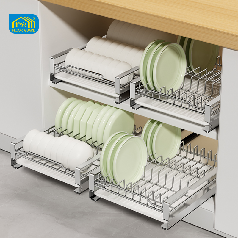 护家碗碟收纳架碗盘拉篮厨房橱柜碗篮抽屉式碗架沥水架抽拉碗碟架