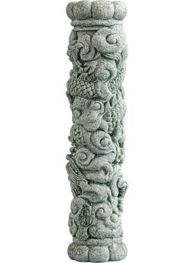 逗兽记青砂石盘龙柱中式桌面摆件