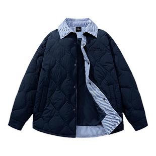 辛普森一家美式条纹拼接衬衫假两件翻领刺绣通勤外套防寒羽绒服男