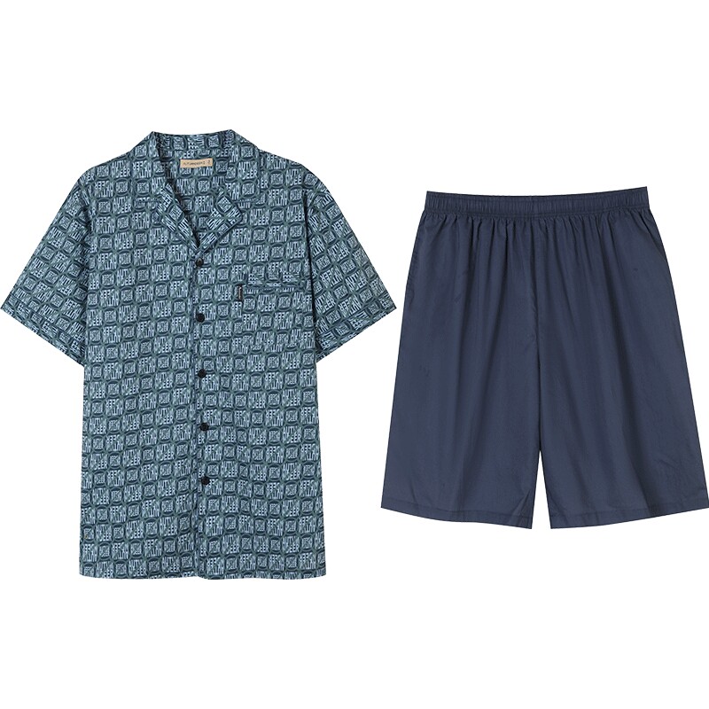 秋鹿梭织棉青年睡衣男夏季短袖五分裤纯棉简约男士家居服春夏薄款