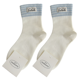 不会丢的袜子 可爱小狗布标中筒袜女秋冬纯棉撞色无骨显瘦堆堆袜