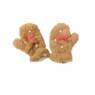 可爱蝴蝶结星星毛绒手套女冬季加绒保暖百搭骑行防寒挂脖连指手套