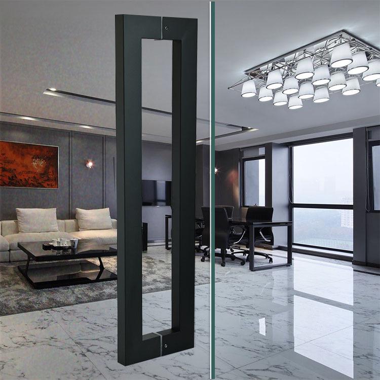 不锈钢黑银色方管单弯玻璃门实木有框别墅门把手酒店商铺大门扶手