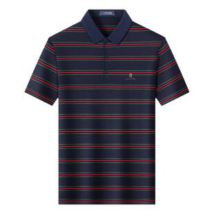 [桑蚕丝天丝棉]梦特娇夏季男条纹短袖Polo衫休闲翻领T恤凉感透气J