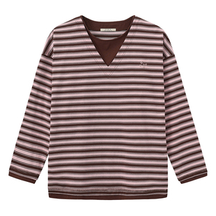 CUBIC秋季条纹长袖T恤宽松百搭打底衫休闲复古条纹假两件上衣