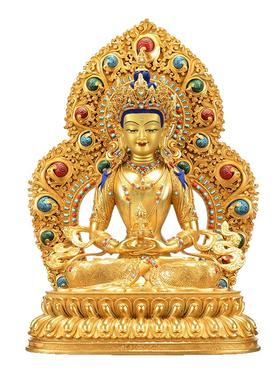 藏式鎏金常寿铜器摆件带背光铜像