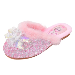 女童棉拖鞋爱莎公主秋冬新款艾莎毛毛拖鞋儿童水晶室内家居地板鞋