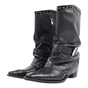 复古尖头裤管靴女显瘦2025新款铆钉皮带扣粗跟西部牛仔靴骑士短靴