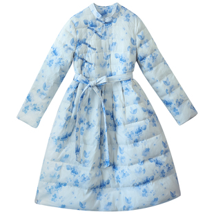 【青花烟雨】复古中式盘扣大摆羽绒服女中长款冬季晕染蓝系带外套