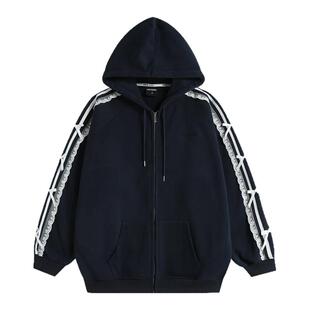 INSstudios 国潮情侣「蕾丝花边条纹卫衣」宽松加绒连帽开衫外套