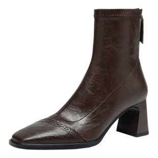 MILLIE'S/妙丽粗跟加绒高跟鞋女2025秋冬新款法式真皮方头瘦瘦鞋