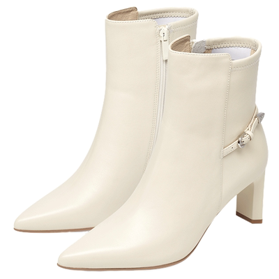 KISSCAT接吻猫舒适优雅尖头高跟靴粗跟法式真皮白色短靴女