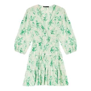 Maje2025春夏女装法式时尚V领花卉印花百褶松紧袖口短款连衣裙