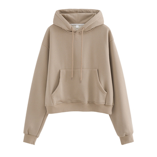 杏色短款连帽加绒卫衣女款秋冬小个子韩系慵懒风休闲套头宽松上衣