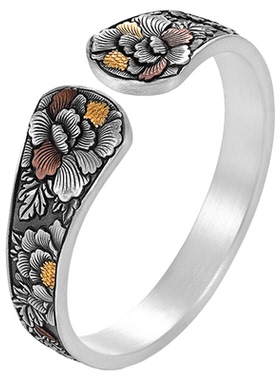 银千造 富贵牡丹足银999实心开口金银错传承牡丹花镶金银手镯女款