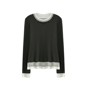 3ts 休闲风层次感假三件T恤拼接正肩圆领长袖内搭打底衫女