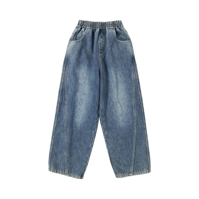 蓝汽水水洗直筒加绒复古牛仔裤