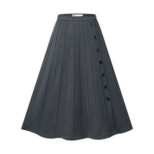 LILY2026夏新款女装格雷系设计感斜门襟宽松灰色A字半身裙百褶裙