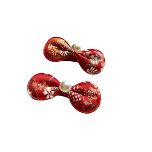 新年喜庆红色蝴蝶结发夹女宝宝周岁唐装汉服头饰全包布小对夹配饰