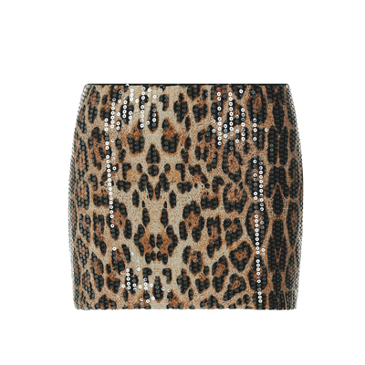 辣妹豹纹亮片包臀裙+V领半袖上衣