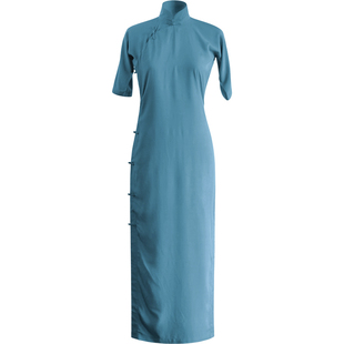 茉茉春夏季 四分连袖无省全开襟中长款复古日常纯色棉绸旗袍 青衣