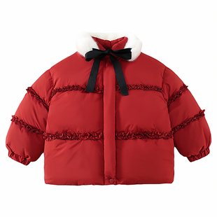 女童红色中长款羽绒服冬装加厚保暖毛领蝴蝶结新年外套拜年服