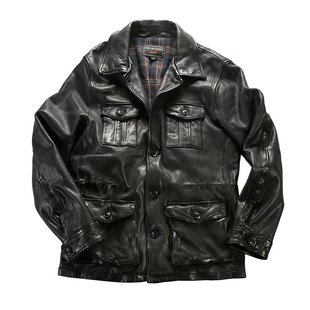 进口绵羊皮真皮修身M65野战猎装夹克男翻领多兜重水洗褶皱皮衣男