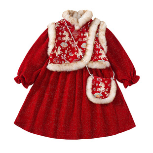 马年含包~女童加厚唐装拜年女宝加绒连衣裙过年儿童旗袍裙红冬装