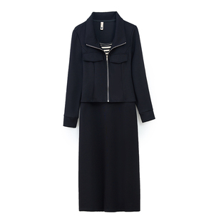 春秋新款假两件中长款长袖连衣裙女收腰职业OL大码遮肚子A字裙子