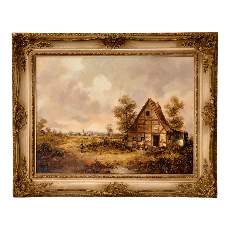中古风手绘木板带框油画