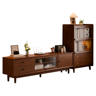 家逸实木电视机柜客厅茶几组合中古风家具收纳储物一体落地柜边柜