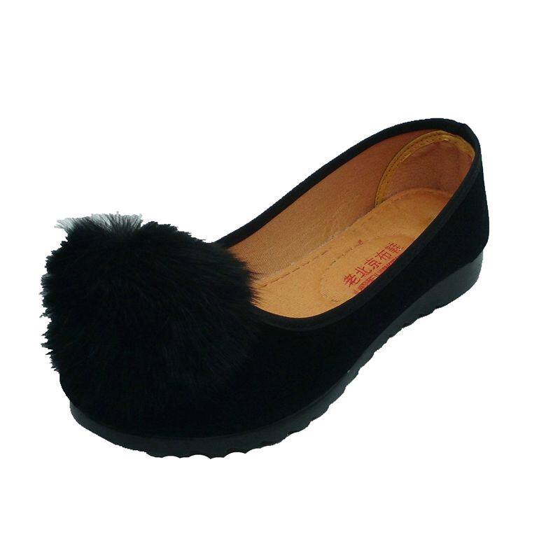 秋季单鞋黑色毛球流行女工鞋平底女布大球上班酒店礼防滑软底包邮