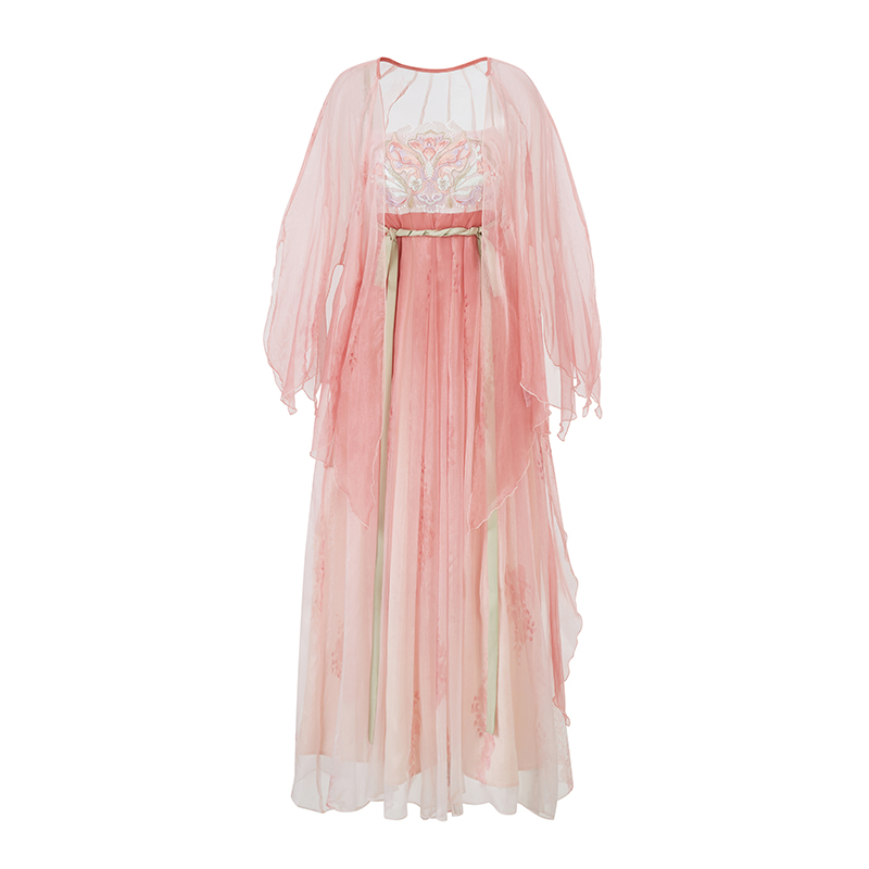 Sun雅乔【春日宴】夏季改良汉服粉色锦丝皱新中式国风连衣裙外披