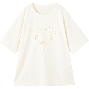 商场同款URLAZH有兰2025秋季新款本白圆领宽松镂空绣花短袖T恤女