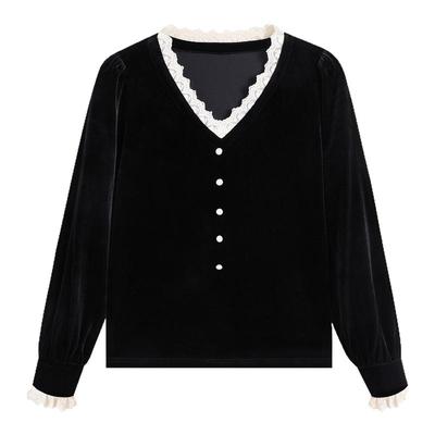 弥古复古蕾丝黑色丝绒上衣女2025新款秋冬内搭显瘦v领打底长袖t恤