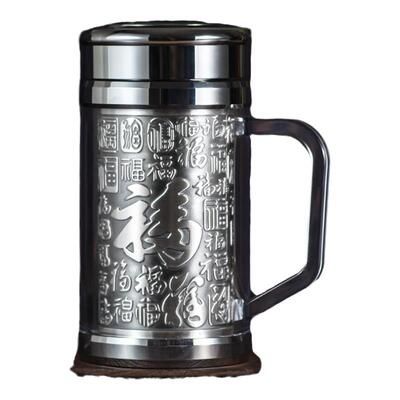 999纯银侧把银水杯浮雕银内胆