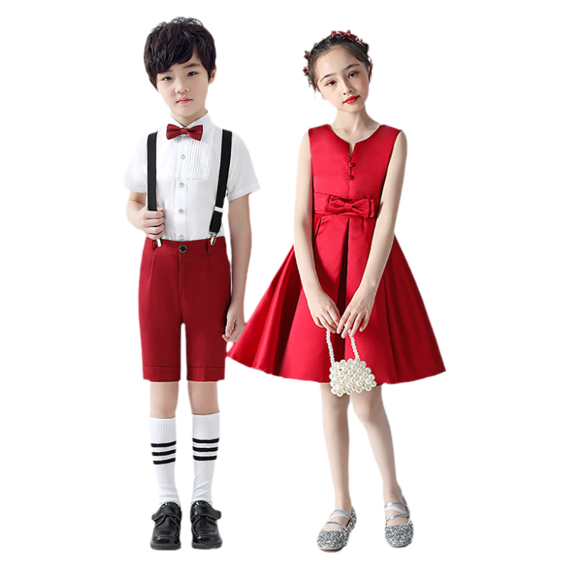 儿童演出服小学生合唱团女童红色舞蹈裙礼服演讲朗诵比赛表演服装