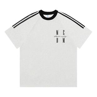MEDM HEOAR国潮短袖T恤男女圆领纯棉美式休闲三条杆刺绣情侣半袖