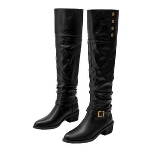 星期六过膝长筒靴女2025新款冬季显瘦长靴女厚底增高堆堆骑士靴直