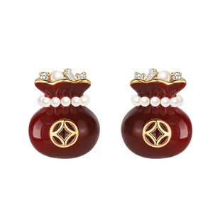 【巷南】999银钱袋珍珠耳钉高级感2026本命年耳环过新年女耳饰