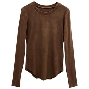 磨毛打底衫女秋冬2025新款加厚修身内搭加绒圆领t恤长袖咖色上衣