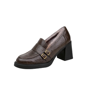 牛皮版~加绒搭扣乐福鞋女2025秋冬新款高跟单鞋增高英伦风小皮鞋