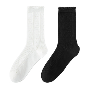 白色花边袜子女夏季薄款纯棉中筒无骨ins潮甜美网眼透气堆堆长袜