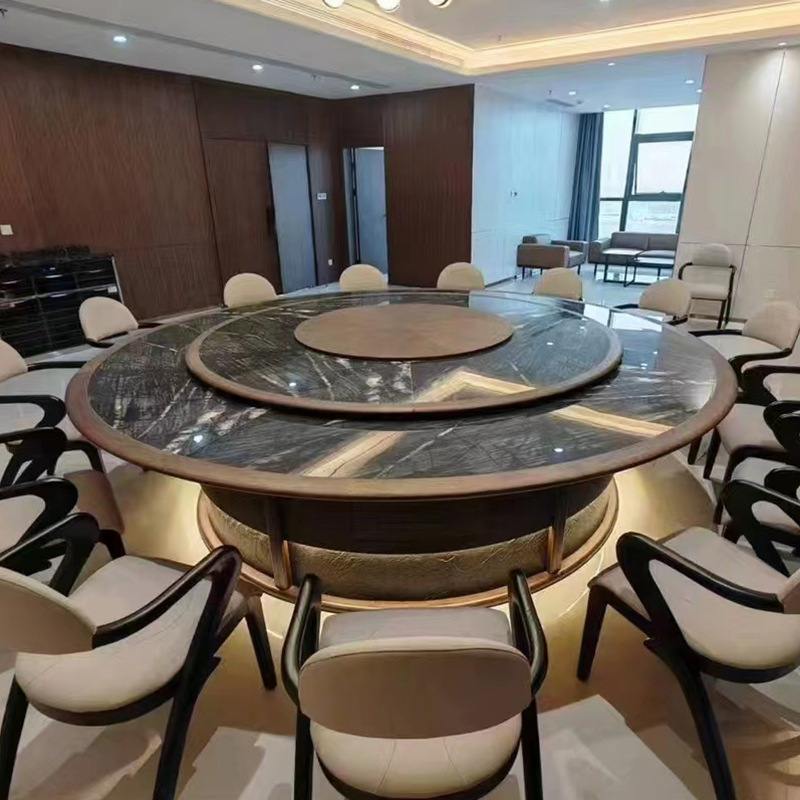 酒店餐桌带转盘大圆桌岩板15人20人饭店桌椅组合会所电动餐桌
