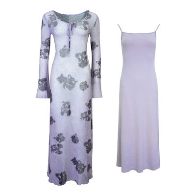 酒午自制【秋藤与杏】港风复古2025春款新款长款亚麻网印花连衣裙