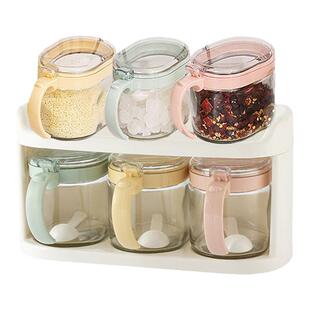 振兴双层玻璃调料瓶收纳架套装厨房调料罐弹压式开盖配勺调味罐