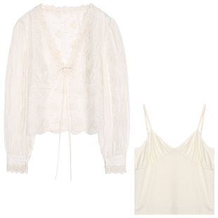 落落狷介 蕾丝打底衫内搭2025年新款秋冬两件套上衣蕾丝衫+吊带