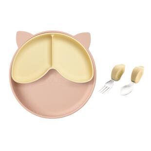Qlittle宝宝硅胶分隔餐盘吸力餐盘+训练学吃饭短柄叉勺 儿童餐具