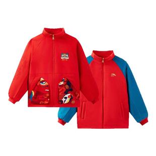 新年红色安踏儿童男小童双面穿上衣2025春季新款厚针织休闲外套男